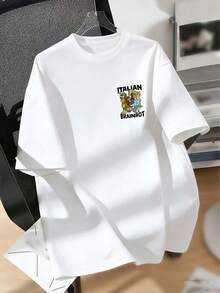Camiseta de manga corta con cuello redondo y estampado gráfico "Italian Brainrot" para niño preadolescente, top de moda de verano para niños - Blanco - Ver 7