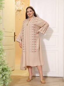 2026新款斋月传统优雅刺绣串珠金色连衣裙，V领流苏奢华端庄阿拉伯女装 JALABIA - 杏色 - 查看 8