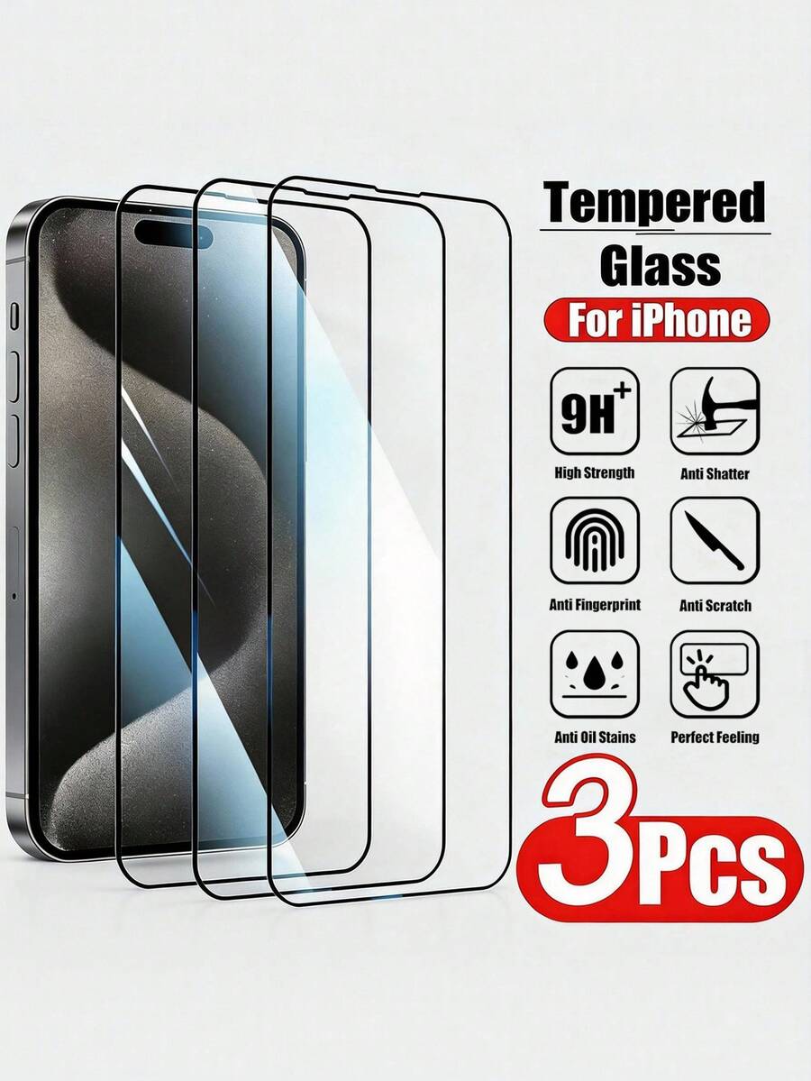 3piece Set Of High-Definition Tempered Glass Screen Protectors Offers Full Coverage, Anti-Fingerprint Design, Compatible With IPhone 17/17 Pro/17 Pro Max/17 Air/16E/15 Plus/14/13/12/11 Models. It Is Scratch- And Crack-Resistant. - Clear - View 1