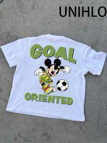 Disney UNIHLO  Street Life Men's Casual Loose Mickey Plays Football  Cartoon  Print Short Sleeve T-ShirtSummer - 白色 - 查看 4