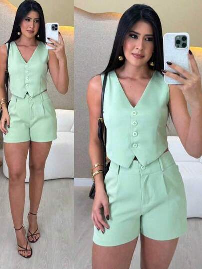 Conjunto Alfaiataria Feminino Casual Colete e Short Verão 2025