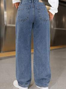 Women's Wide Leg Blue Jeans, High Waist, Wide Leg, 100% Cotton - 藍色 - 查看 3
