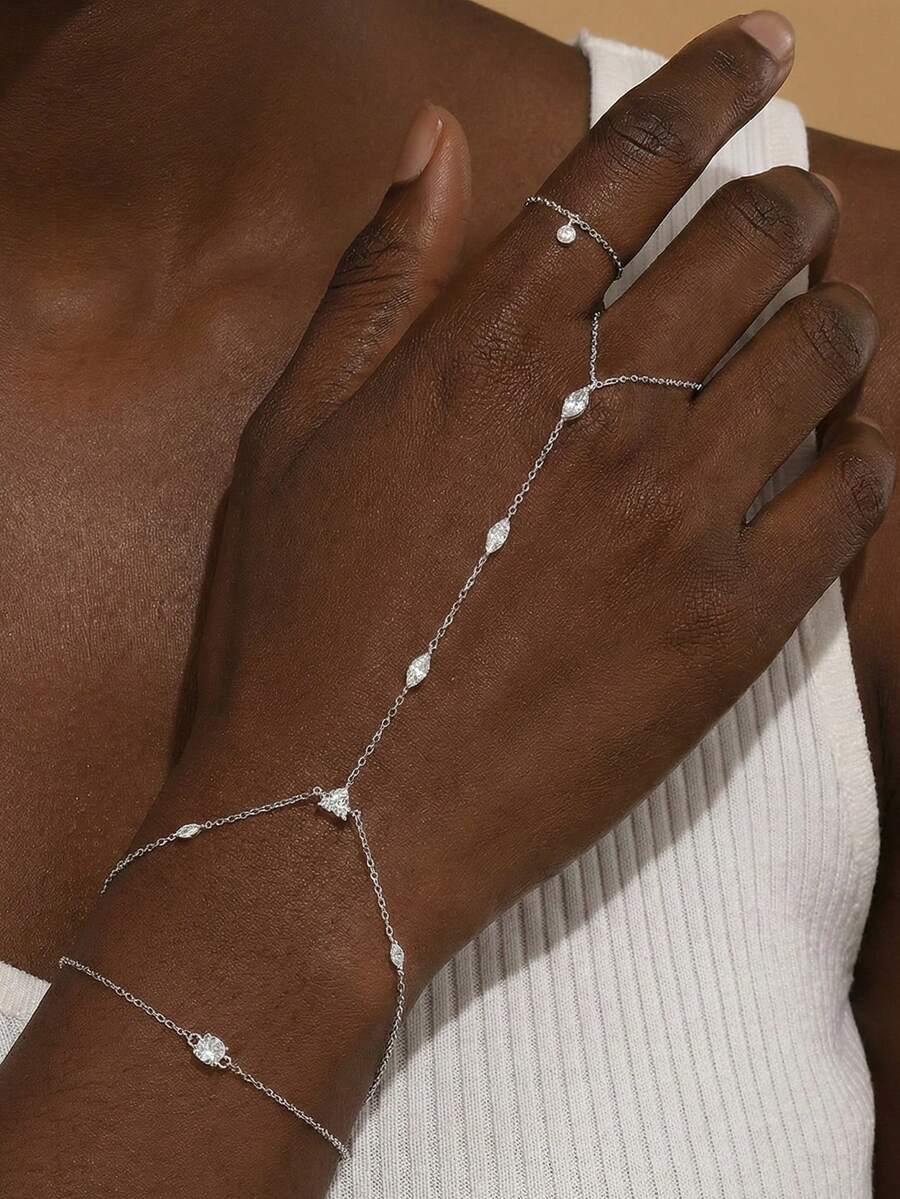 1PC 925 Sterling Silver Fashion Evil Eye Zirconia Connect Finger Bracelet Hypoallergenic Pure Silver Suitable For Women For Daily, Dates, Vacation, Wedding, Party, Holiday Gift - Silver - View 1