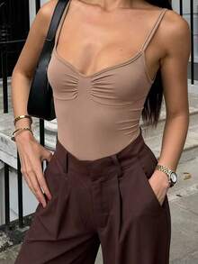 Body de mujer VIVINA de unicolor de verano, de estilo casual y minimalista, con pliegues versátiles - Granate - Ver 3