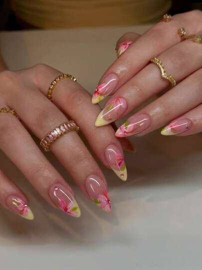 24 uñas postizas de almendra de tamaño mediano con diseño de flores francesas, accesorios de arte de diamante DIY, juego decorativo de uñas falsas 3D adecuado para salones de uñas, niñas y mujeres, suministros de uñas para uso diario y decoración de fiestas