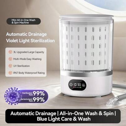 Portable Multi-Functional 3L Large Capacity Mini Washing Cup, 4000mAh Rechargeable Wireless Washer & Dryer, Suitable For Pet Clothes, Underwear, Baby Clothes