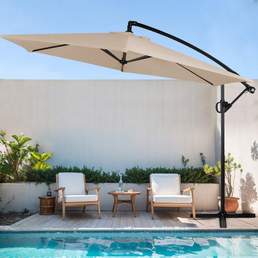 JAMFLY 9.18FT Patio Umbrella With Base Included, Outdoor Offset Cantilever Umbrella, Infinite Tilt, Crank And Cross Base - Khaki - View 1