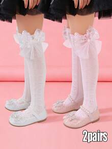 2双 Larvakelly 女童爱心花朵装饰网眼高筒袜，甜美可爱，日常穿着，适合户外活动，春夏款 - 彩色 - 查看 7