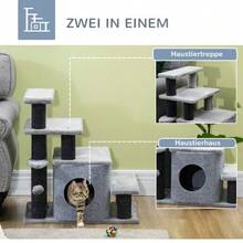 Pet Stairs, 3/4 Step Cat Stairs With Cat Cave And Play Ball, Plush Covering, Sturdy Particleboard For Cats - 灰色 - 查看 3