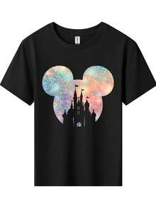 Camisetas con estampado del Castillo de Mickey Mouse de Disney para niñas - Diseño de ropa infantil de estilo corto, casual y lindo. Cómodo y casual para usar todo el año, adecuado para fiestas y juegos. Lavable a máquina. Regalo de ropa infantil, camisetas de manga corta para niñas - Negro - Ver 2