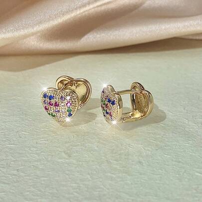 1对心形锆石耳环，时尚创意百搭耳环