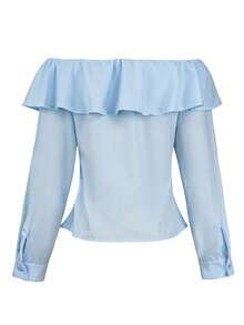 ii Women's Elegant Off-Shoulder Ruffle Hem Pleated Solid Color Blouse - Blue - View 7