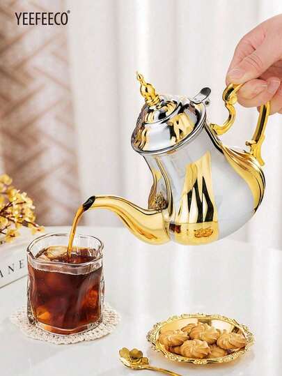 yeefeeco 1 pieza Cafetera tradicional árabe de acero inoxidable pulido de 1,2 L y tetera de té marroquí de menta - Estilo oriental con diseño retorcido y arqueado, apta para café/té, excelente para Ramadán, Eid, reuniones y regalos, adecuada para uso doméstico y de cafetería