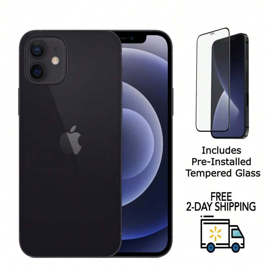 Apple iPhone 12 A2172 (totalmente desbloqueado) Reacondicionado 64GB Negro (Grado A+) con protector de pantalla de vidrio templado preinstalado - Vidrio preinstalado de grado A+ negro - Ver 1