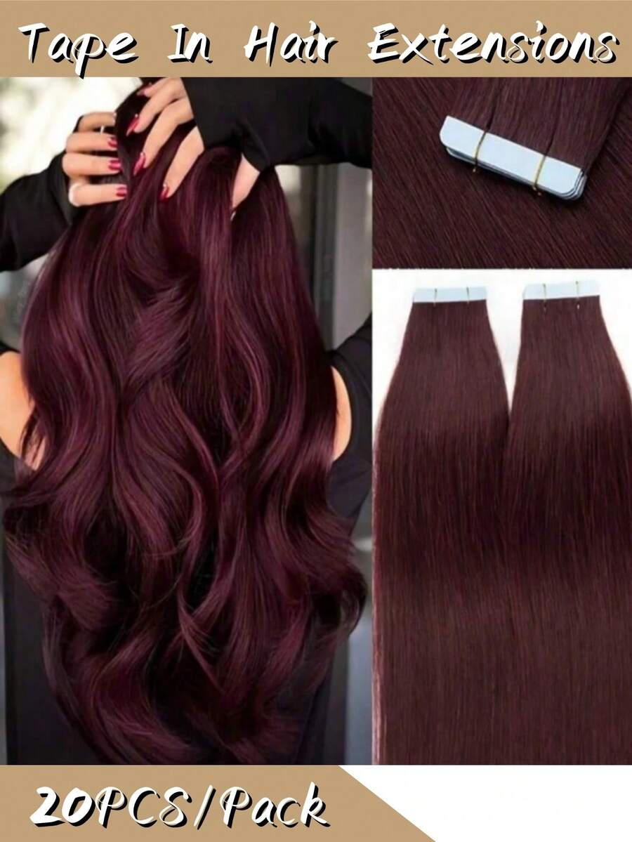 [20 piezas/paquete/50 g 16-26 pulgadas rojo burdeos (99#) extensiones de cabello humano] Extensiones de cabello humano con cinta adhesiva, cabello humano Remy liso, extensiones de cabello humano con cinta invisible, adecuadas para uso diario de mujeres, como bodas, maquillaje, citas, regalos de Navidad, pelucas de fiesta, uso diario, escuelas, banquetes de cumpleaños, Halloween y otras ocasiones, y fiestas temáticas, etc.