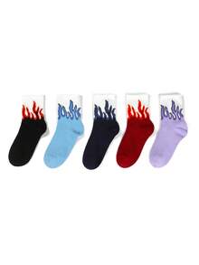 5 Pairs Kids' Flame Jacquard Socks, Cute, Breathable, Comfortable, Suitable For Outdoor Sports, All Seasons - Red - View 9