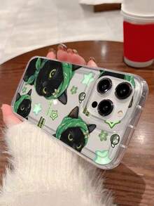 可爱绿色头巾黑猫透明图案印花全包防震防摔TPU软橡胶手机壳，兼容和三星Galaxy - 彩色 - 查看 4