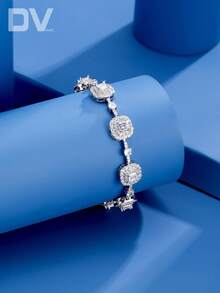 DV JEWELRY 1pc Luxury Cubic Zirconia Plated White Gold Women's Bracelet, Elegant Jewelry For Date, Wedding, Party, Anniversary Gift - Silver - View 1