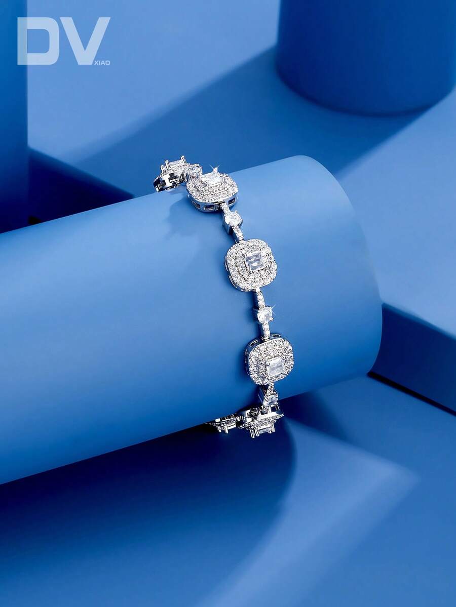 DV JEWELRY 1pc Luxury Cubic Zirconia Plated White Gold Women's Bracelet, Elegant Jewelry For Date, Wedding, Party, Anniversary Gift - Silver - View 1