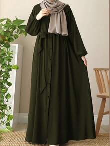 Elegant Arabic Style Solid Color Lantern Sleeve Long Loose Comfortable Abaya Spring - Dark Green - View 2
