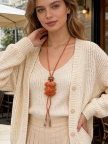 A Folk-Style Antique Amber Pendant Necklace With A Free-Form Safety Buckle, A Long Linen Rope Necklace. - Multicolor - View 4