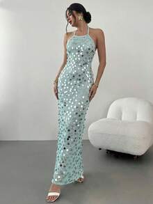 女士亮片露背连衣裙，优雅性感透视沙滩度假露背亮片拼接连衣裙，适合晚宴约会、夏季度假派对 - 淺藍色 - 查看 3