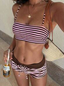 Women's Bikini Swimwear, Retro Striped Brown-Pink Beach Outfit Swimwear, Cropped Camisole Strapless Top And Shorts Fashion Set/Outgoing Outfit/Birthday Outfit/Casual Wear/Y2K/2000s/Millennium Outfit/Elegant/Old Money/Streetwear/Holiday Music Festival Outfit/Girls Beach Wear - Pinkish Brown - View 4