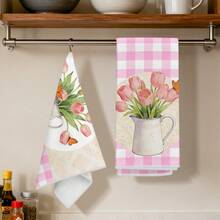 2pcs Kitchen Towels, Modern Kitchen Utensils Pink Plaid Tulip Pattern Super Soft Microfiber Kitchen Towels, 40*60cm/15.7*23.6in Towels, Single-Sided Printed, Kitchen Dish Cloths, Suitable For Restaurant Kitchen Bathroom Decor, Holiday Gift - Multicolor - View 10