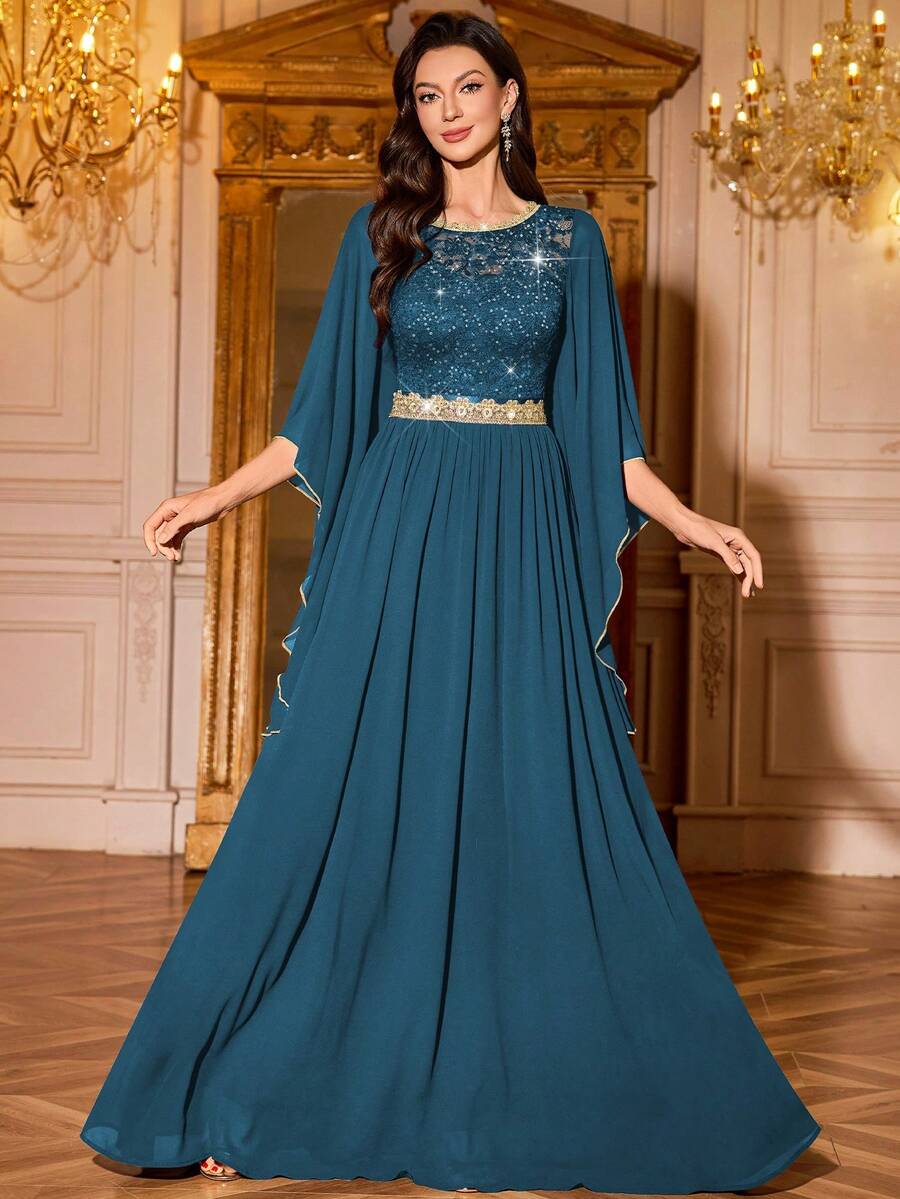 MIUSOL Đầm maxi dự tiệc trang trọng bằng chiffon, cổ tròn, tay cánh bướm, xếp ly, chất liệu ren hoa đính sequin, thích hợp cho đám cưới, mùa xuân.