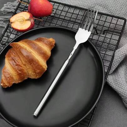 1pc Silver Retractable Dining Fork - Stainless Steel, Length 22.1~64.6cm (8.7~25.4 Inches), Funny Gag Gift Extendable Long Handle Fork, Easy To Use, Space Saving, Suitable For Restaurant, Fruit, Dessert, Camping, Travel And Daily Dining, Fun Gift