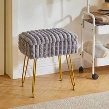 Rectangle Dressing Table Chair With Storage Space Footrest Ottoman Vanity Stool Anti-Slip Feet White Square Grid For Bedroom Makeup Room - Grey - View 2