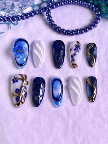 10片装女士美甲贴片，手工制作，情人节蓝金3D立体花卉金线镶嵌设计，亚克力材质，可重复使用，易于粘贴和卸除，ins风手工美甲套装，含美甲饰品、美甲胶水和美甲贴纸。 - 彩色 - 查看 3