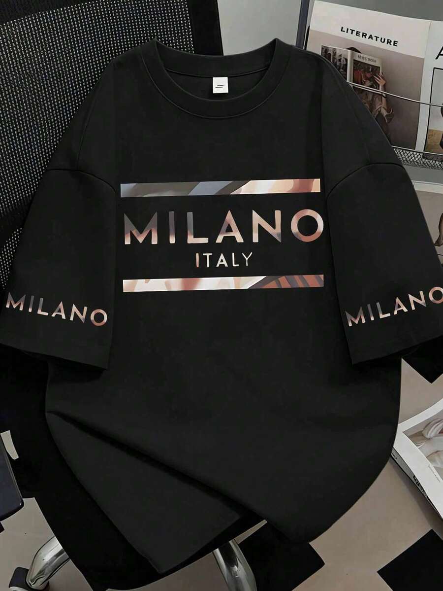 Milanese Alphabet Printed Pattern Women's T-Shirt ,Soft And Comfortable, Spring Summer Daily Casual Wear - Black - View 1