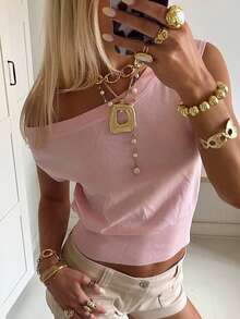 Live To Mo Y2K Solid Color Round Neck Sleeveless Casual Knitted Crop Top Suitable For Vacation Travel, Parties, And Daily Wear Pink - Pink - View 3