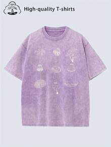 Summer Tops2026Women'S Vintage Distressed Oversized T-Shirt - Heavyweight Soft Washed Texture, Loose Fit Round Neck Short Sleeve With Retro Mushroom & Forest Print - Casual Casual Attire, All-Season Comfort, S-XXL Sizes (Grey/Beige) - Breathable Layered Outfit Essential For Women'S Fashion, Street Retro Style Geometric Pattern, Relaxed Fit, Machine Washable, Minimal Shrinkage, Vintage-Inspired Design With White Mushroom & Tree Print, Oversized Relaxed Fit For Layering,  Oversized Women'S, Tsummer Clothes Washed Cotton - 紫色 - 查看 12