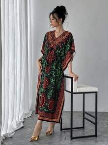 Loose V-Neck Allover Print Dress, High-End Quality Casual Reversible Tie-Waist Slimming Holiday Dress, Middle Eastern Arabic Style Long Robe Gown, Traditional Arab Clothing, Perfect Festival Gift For Ramadan, Eid, New Year - Green - View 6