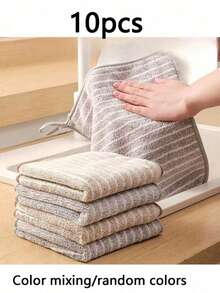 10/5 pièces Chiffon de nettoyage absorbant à rayures de couleur aléatoire - Serviette de cuisine à séchage rapide, chiffon de nettoyage anti-adhérent, en matériau polyester, convient pour la salle de bain, la cuisine, la buanderie - Design empilable gain de place, essentiels pour la cuisine et la salle de bain, chiffon à vaisselle, tissu doux, matériau de haute qualité, convient pour le salon, la chambre à coucher et les familles occupées, fournitures de nettoyage de cuisine, cadeaux pour la famille - chiffon de nettoyage - Voir 14