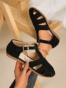 休闲百搭简约搭扣平底凉鞋 - 黑色 - 查看 14