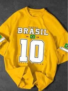 Men's Casual T-Shirt With "BRAZIL" Print And Number 10, Yellow Cotton - Yellow - View 1