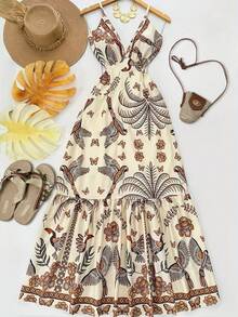Women's Casual Vacation Bohemian V-Neck Strapless Backless Pleated Bird Print Maxi Dress, Suitable For Spring/Summer Beach Party Elegant - Multicolor - View 1