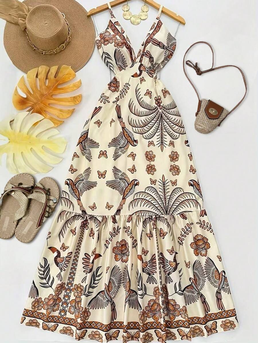 Women's Casual Vacation Bohemian V-Neck Strapless Backless Pleated Bird Print Maxi Dress, Suitable For Spring/Summer Beach Party Elegant - Multicolor - View 1