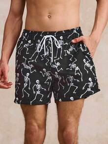Men's Skull Print Beach Swim Shorts - Black - View 3