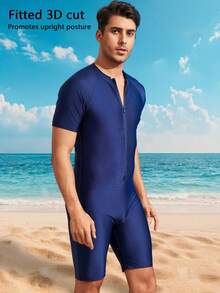 Men's Navy Blue One-Piece Swimsuit, Front Zipper Short Sleeve Quick Dry High Elasticity Swimwear Suitable For Surfing And Diving - Blue - View 5