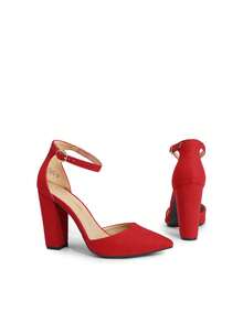 Women Ankle Strap Chunky Heel High Heels Pumps Closed Pointed Toe Fashionable Elegant Wedding Pump Shoes - Đỏ - Xem 10
