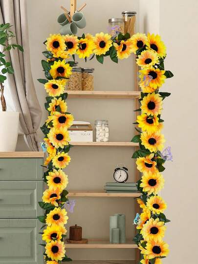 2pcs Artificial Sunflower Garland Decor, 250cm/98.42in Silk Sunflower Vine With Green Leaves, Suitable For Loft Decoration, Wreath Making, Sunflower Banner For Wedding, Birthday Party, Home Wall Decor
