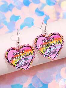 一对时尚可爱独特设计百搭趣味文字“我的天哪，生活真难”彩虹心形亚克力吊坠耳环，适合女性日常、派对、通勤、假日佩戴 - 彩色 - 查看 1