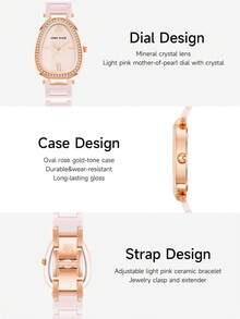 Anne Klein Đồng hồ nữ dây đeo gốm đen mỏng, mặt số đen bóng hình bầu dục đính pha lê, đồng hồ đeo tay thanh lịch dành cho nữ với dây đeo có thể điều chỉnh. - Hồng - Xem 3
