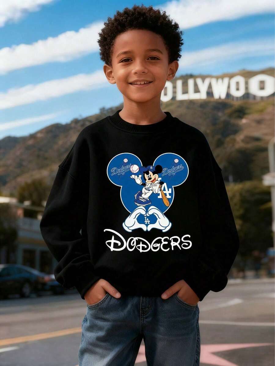 Officially Licensed Disney Kids Crewneck Sweatshirt - 100% Polyester, Ultra Comfortable & Super Soft Black Pullover With Mickey Mouse Dodgers Graphic Print, Relaxed Fit, Stylish & Eye-Catching, Versatile For Daily Wear, Perfect For School Commutes, Limited Edition Disney Design, Head-Turning Look For Boys & Girls Ages 1-14, Great For Fall Winter Casual Outings, New Arrival | Express Delivery - 黑色 - 查看 1