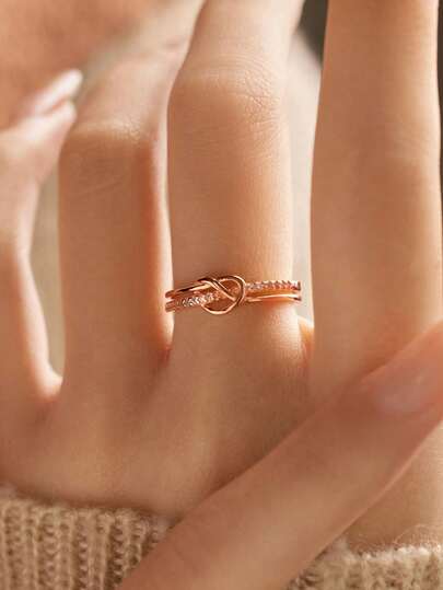 BALMORA A Vintage S925 Silver Shiniy Zirconia Rose Gold Ring For Women Charming Retro Double Knot Rope Elegant Temperament Statement Tiny Jewelry Gift