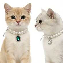 2件套宠物优雅狗狗项链套装，方形仿珍珠吊坠镶嵌水钻，奢华项圈设计，时尚英伦风耐用宠物项链 - 彩色 - 查看 9